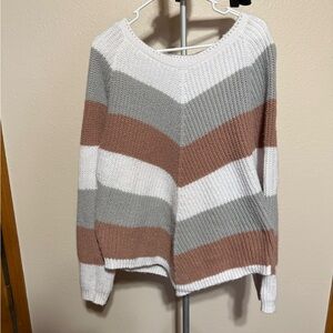 Striped Knit Sweater - Gray, White, and Brown